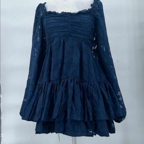Altar'd State Clairyn Tiered Square Neck Ruffle Long-Sleeve Mini Dress Navy XS - Picture 9 of 13